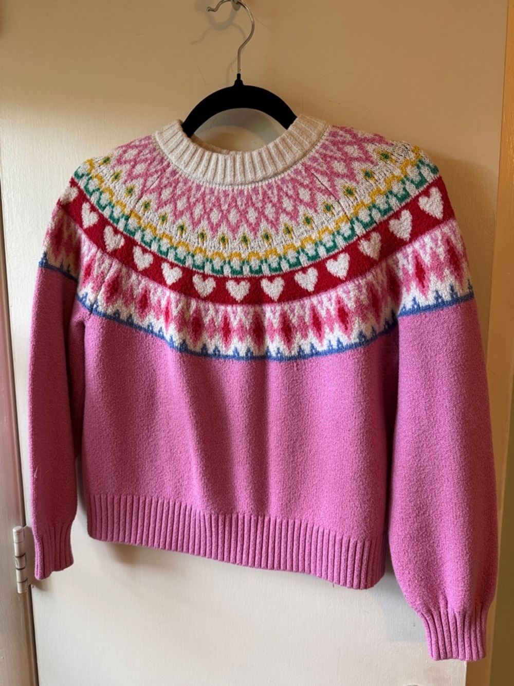 Old Navy Pink Fair Isle Heart Yoke Crewneck Sweater